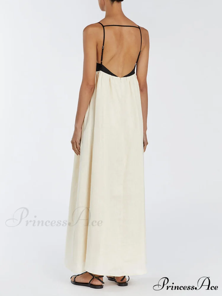 Loose Suspender Black And Graceful White Patchwork Maxi Dress - Image 3