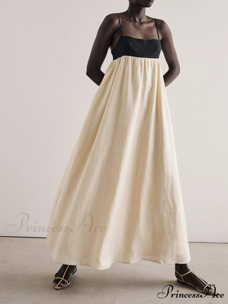 Loose Suspender Black And Graceful White Patchwork Maxi Dress - Image 4