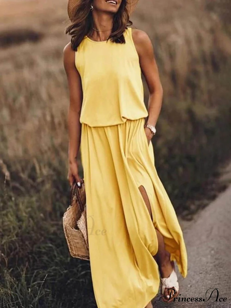 Loose Waisted Round Charming Neck Sleeveless Slit Dress - Image 2