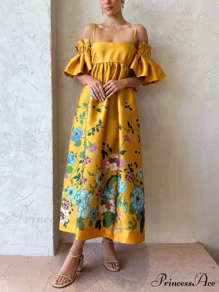 Marigold Printed Gathered Sleeve Graceful Pocketed A-Line Midi Dress - Image 2
