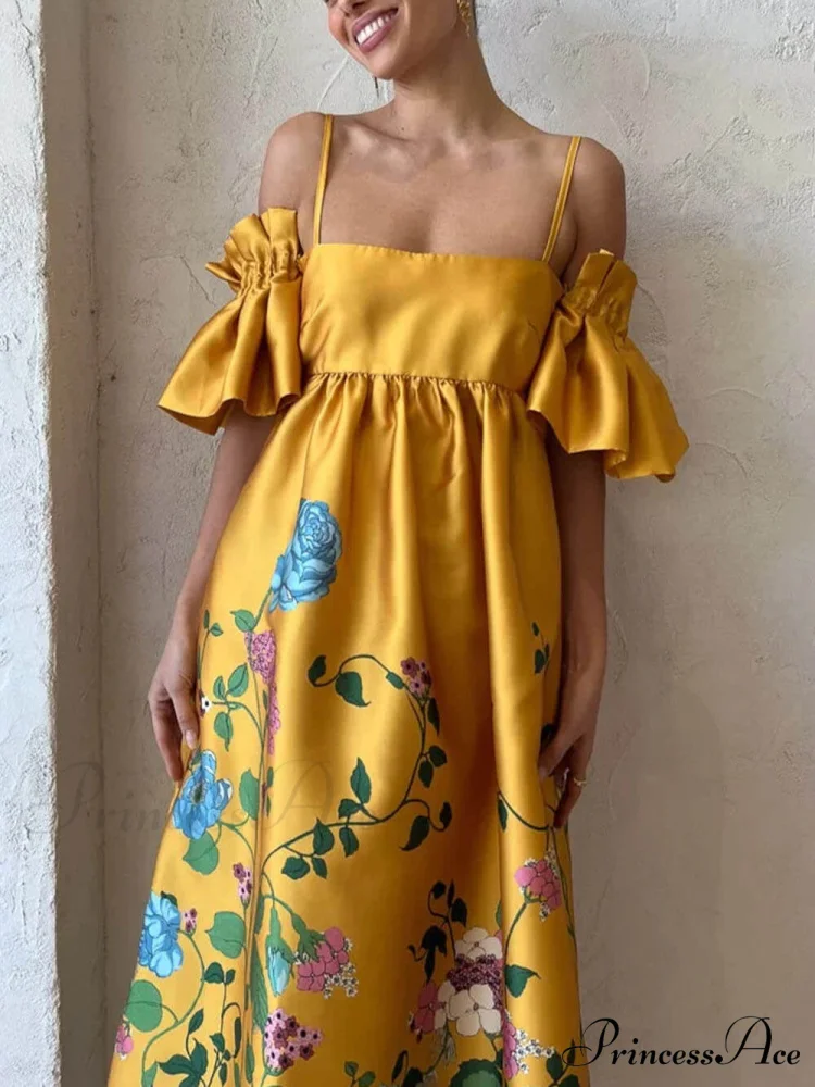 Marigold Printed Gathered Sleeve Graceful Pocketed A-Line Midi Dress - Image 3