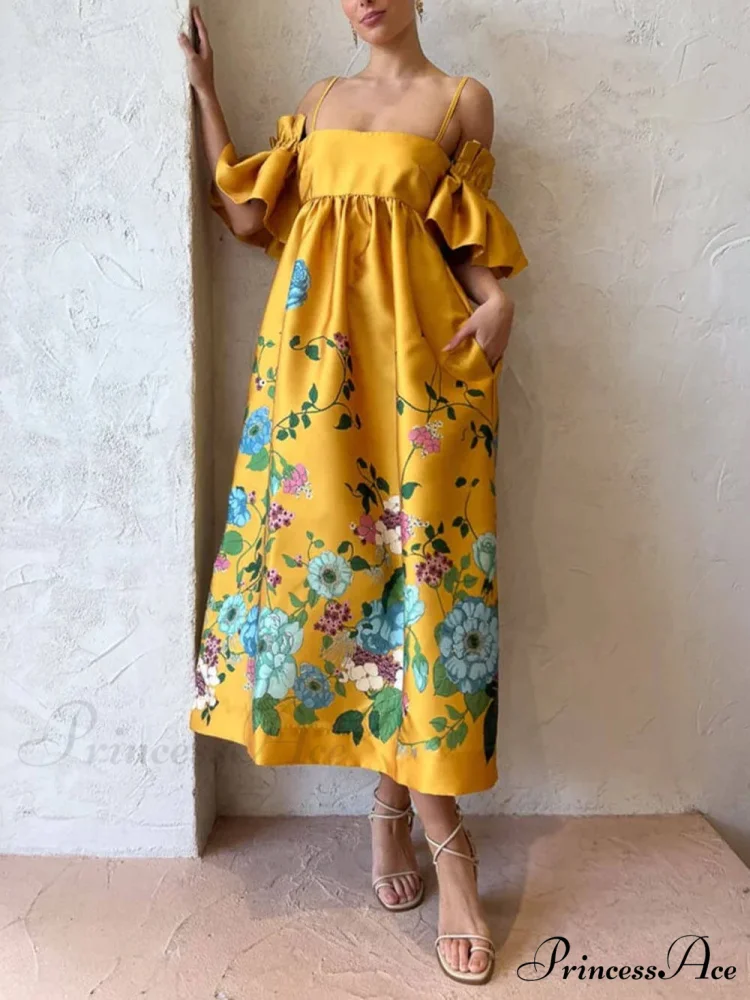 Marigold Printed Gathered Sleeve Graceful Pocketed A-Line Midi Dress - Image 4