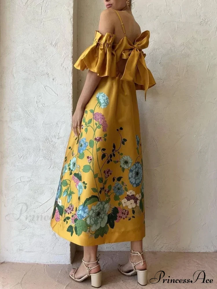 Marigold Printed Gathered Sleeve Graceful Pocketed A-Line Midi Dress - Image 5