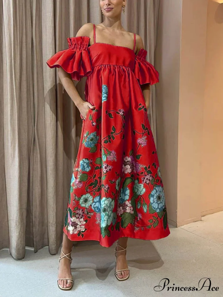 Marigold Printed Gathered Sleeve Graceful Pocketed A-Line Midi Dress - Image 7
