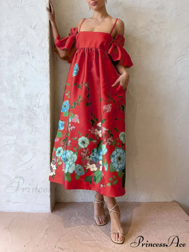 Marigold Printed Gathered Sleeve Graceful Pocketed A-Line Midi Dress - Image 8