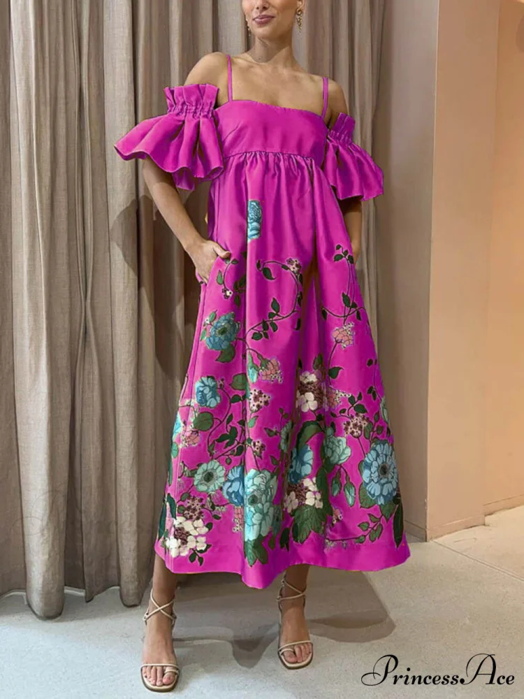 Marigold Printed Gathered Sleeve Graceful Pocketed A-Line Midi Dress - Image 9