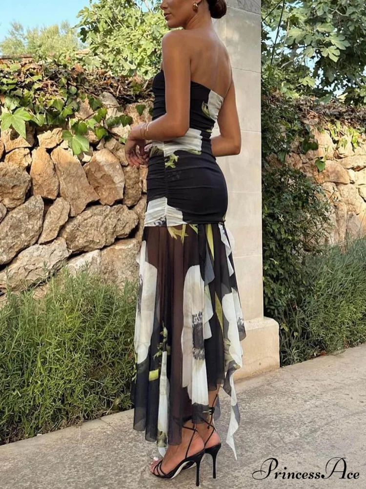 Mesh Overlay Floral Print Off Trendy Shoulder Ruched Ruffles Stretch Midi Dress - Image 2