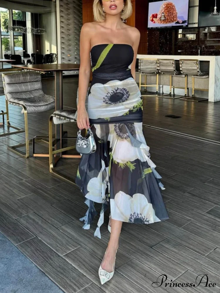Mesh Overlay Floral Print Off Trendy Shoulder Ruched Ruffles Stretch Midi Dress - Image 3