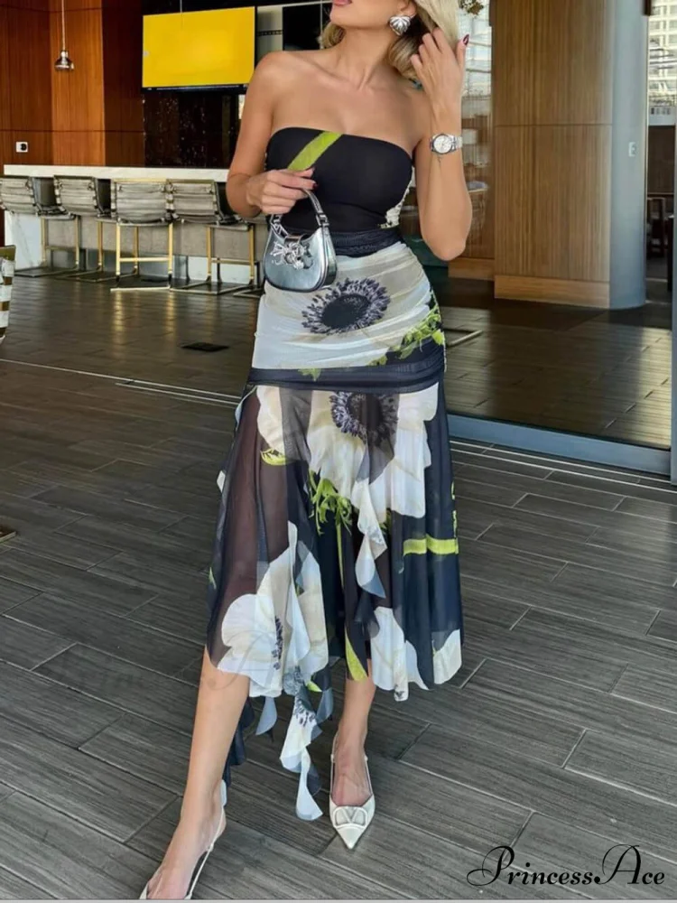 Mesh Overlay Floral Print Off Trendy Shoulder Ruched Ruffles Stretch Midi Dress - Image 4