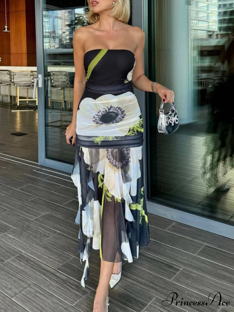 Mesh Overlay Floral Print Off Trendy Shoulder Ruched Ruffles Stretch Midi Dress - Image 5