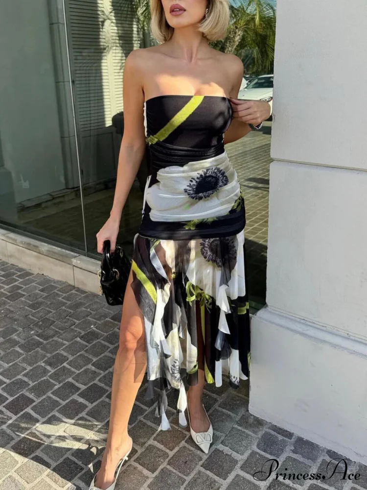 Mesh Overlay Floral Print Off Trendy Shoulder Ruched Ruffles Stretch Midi Dress - Image 6