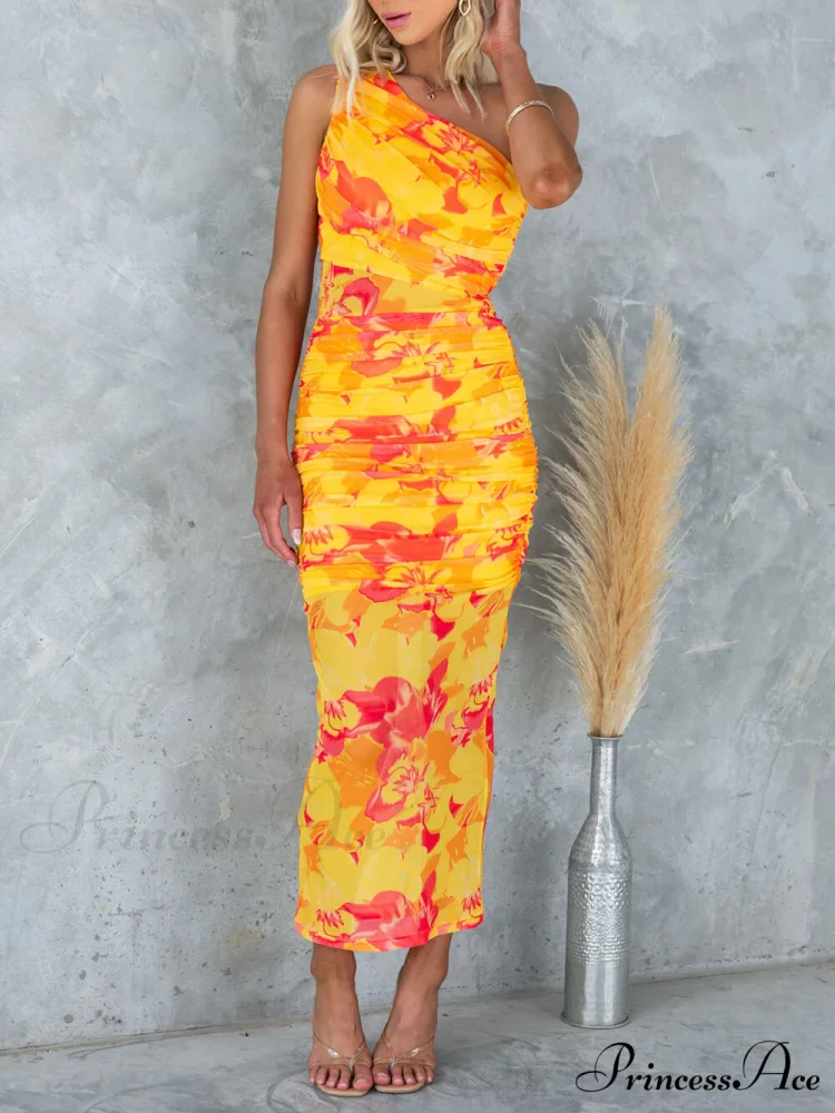 Mesh Overlay Printed One Graceful Shoulder Ruched Stretch Maxi Dress - Image 3