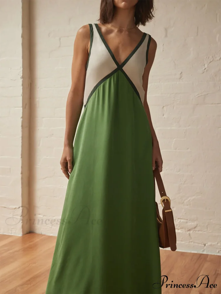 Splicing Chic V-neck Charming Contrasting Color Dress - Image 2