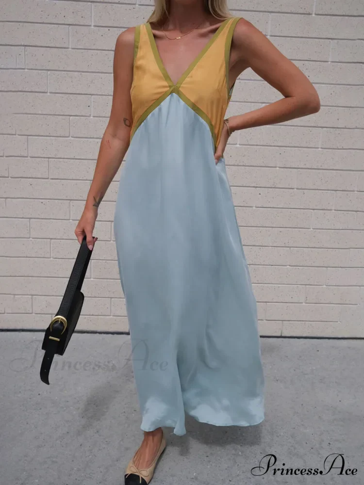 Splicing Chic V-neck Charming Contrasting Color Dress - Image 6