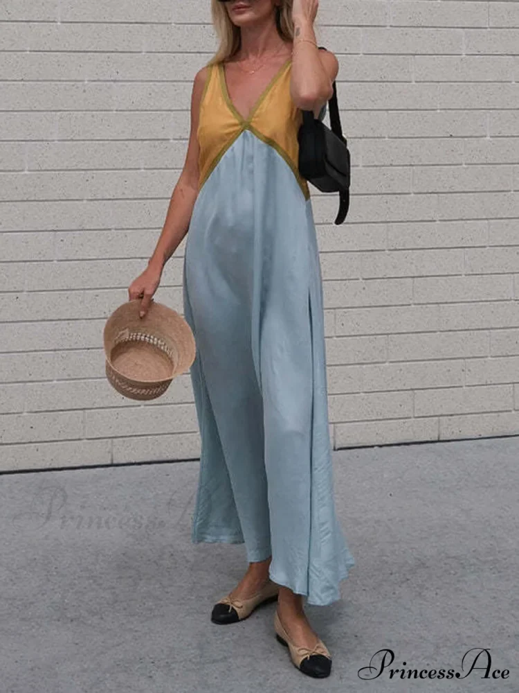Splicing Chic V-neck Charming Contrasting Color Dress - Image 9