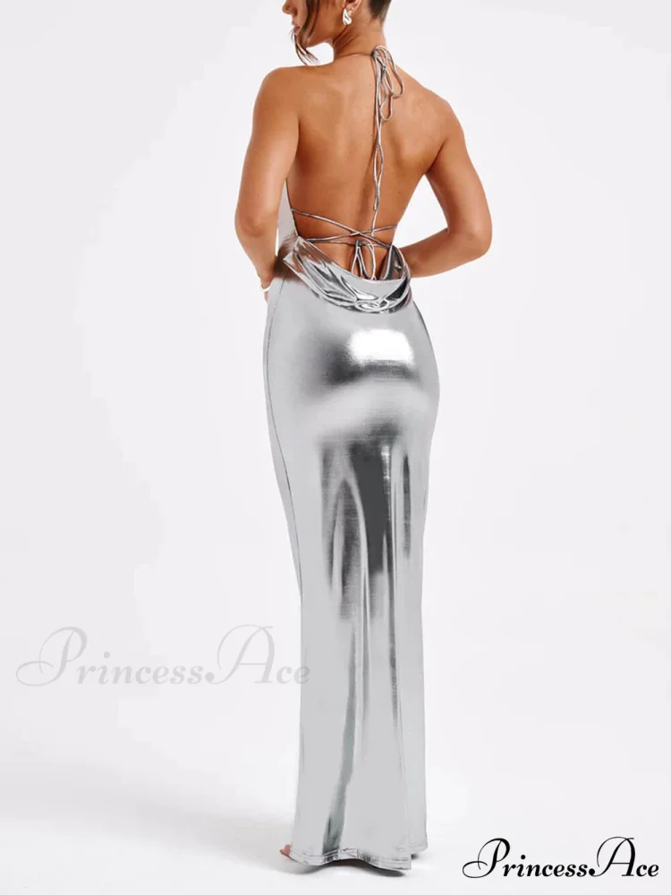 Spring Swing Collar Glossy Graceful Metallic Backless Maxi Dress - Image 2