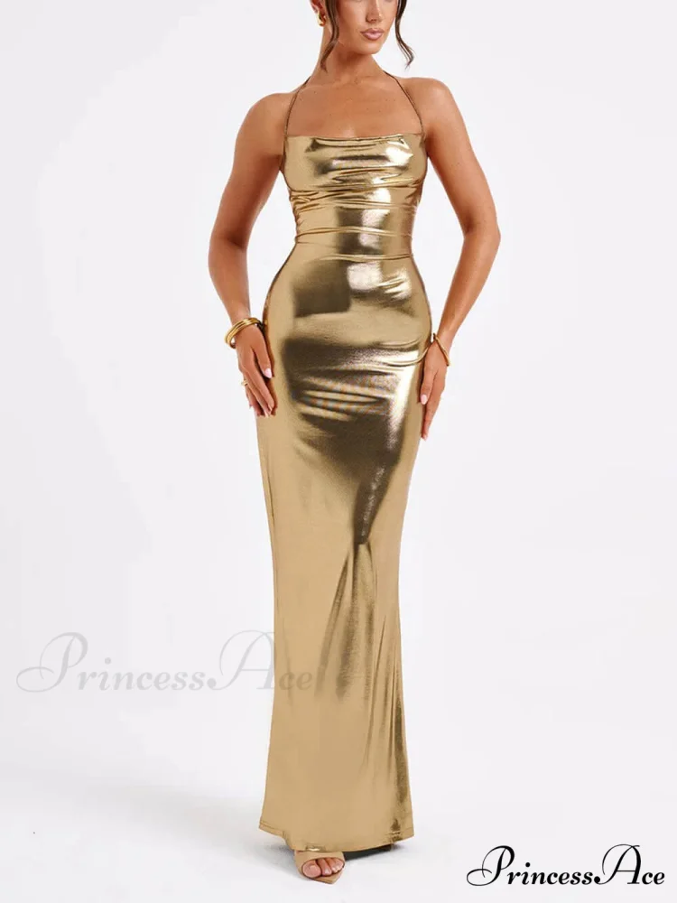 Spring Swing Collar Glossy Graceful Metallic Backless Maxi Dress - Image 3