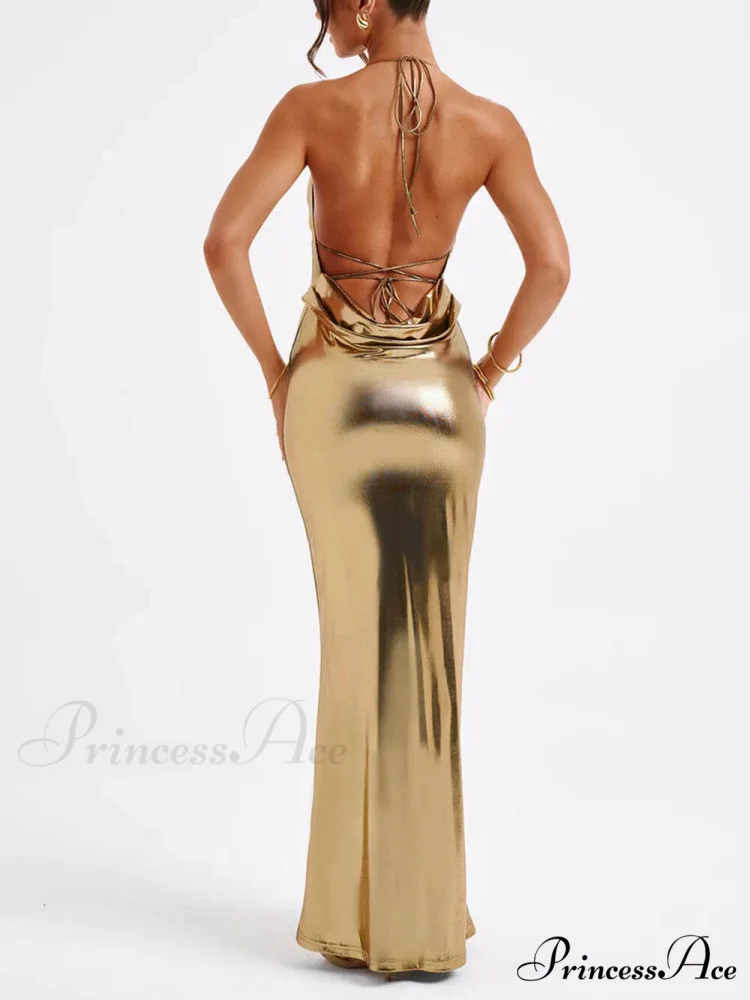 Spring Swing Collar Glossy Graceful Metallic Backless Maxi Dress - Image 4