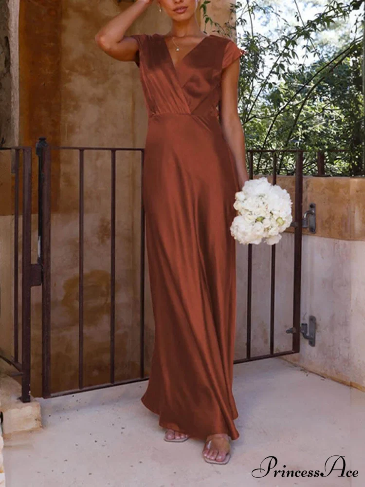 Spring/Summer Satin Solid Color Graceful V-Neck Fishtail Party Dress - Image 13