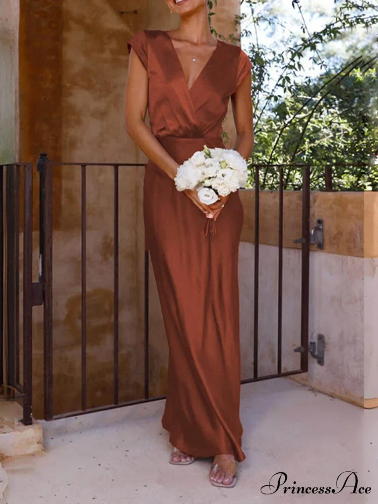 Spring/Summer Satin Solid Color Graceful V-Neck Fishtail Party Dress - Image 14