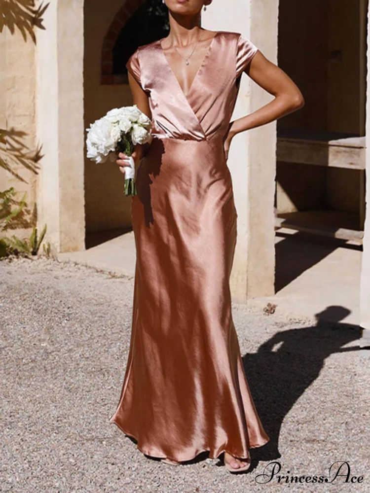 Spring/Summer Satin Solid Color Graceful V-Neck Fishtail Party Dress - Image 5
