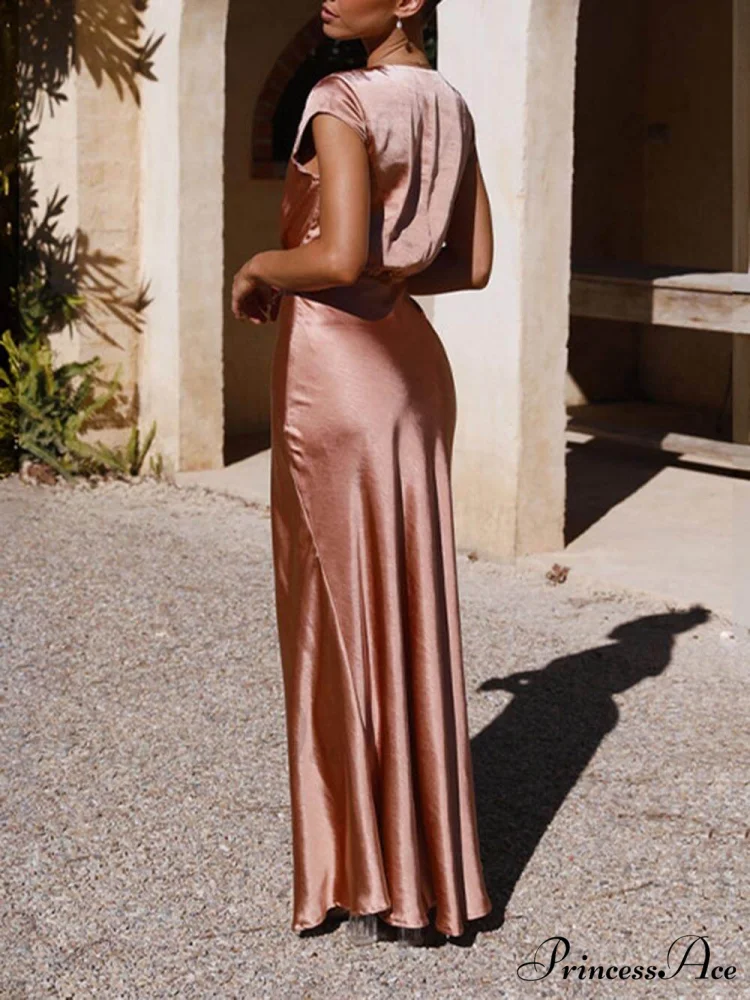 Spring/Summer Satin Solid Color Graceful V-Neck Fishtail Party Dress - Image 8