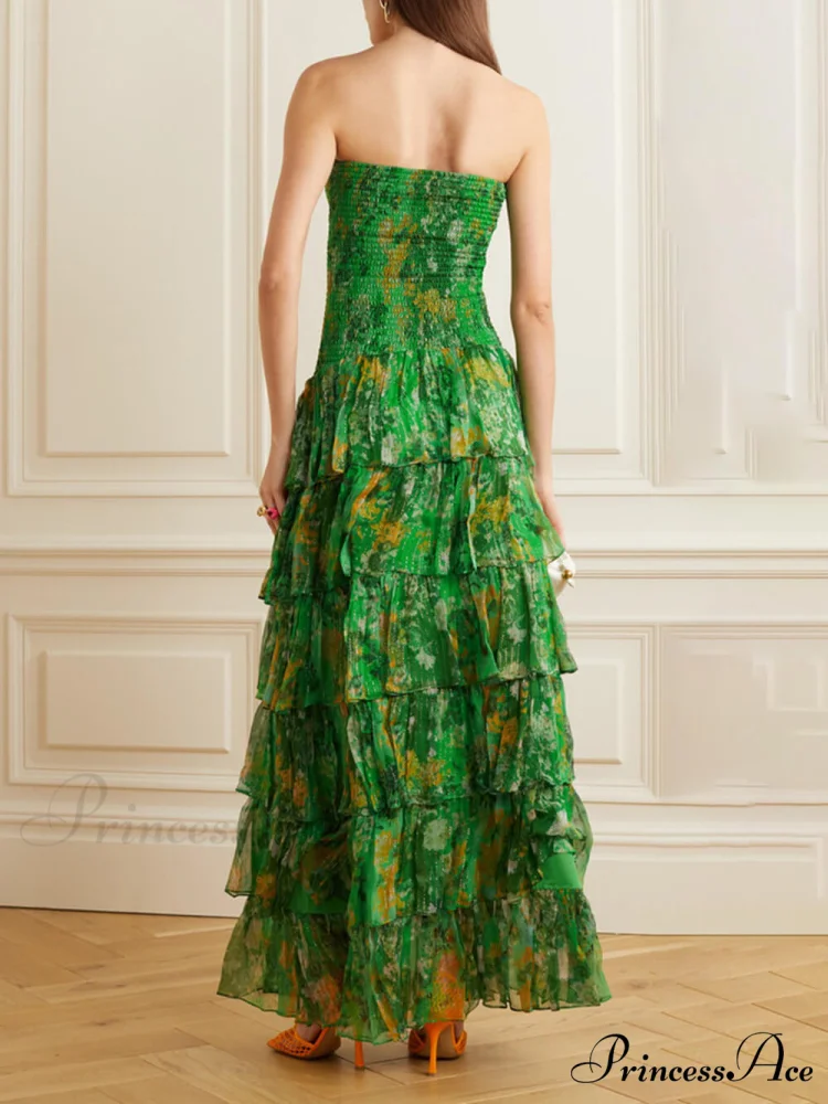 Strapless Layered Bandeau Charming Floral Print Maxi Dress - Image 2