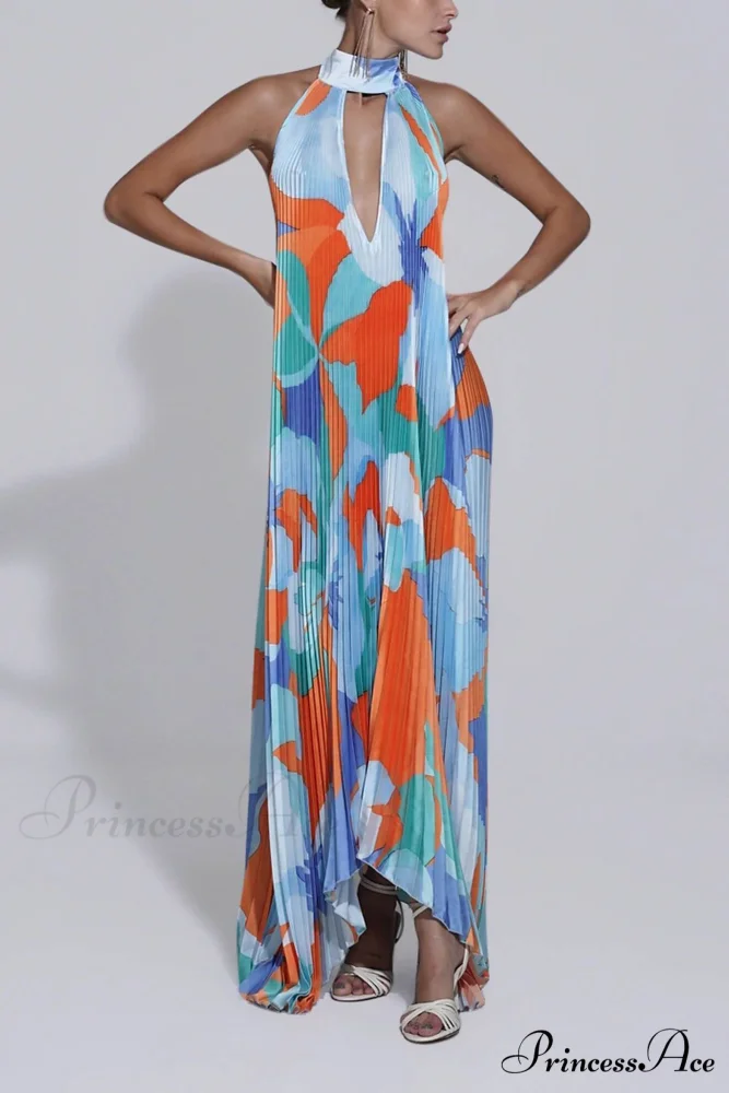 Stylish Pleated Halterneck Charming Strappy Backless Midi Dress - Image 3