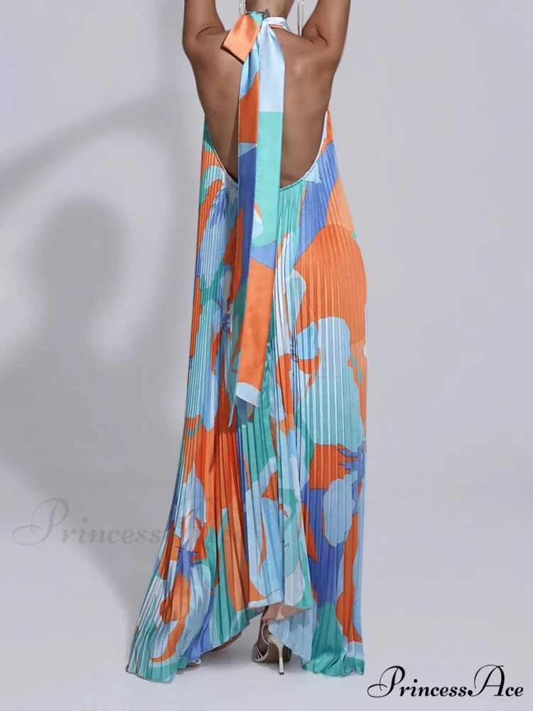 Stylish Pleated Halterneck Charming Strappy Backless Midi Dress - Image 4