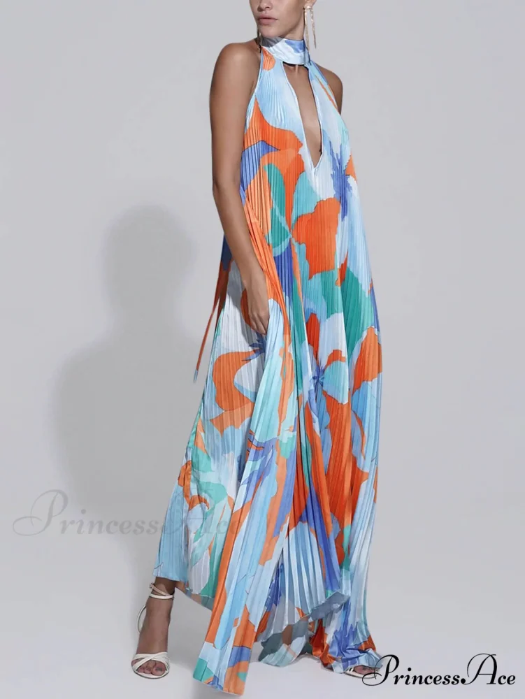 Stylish Pleated Halterneck Charming Strappy Backless Midi Dress - Image 5