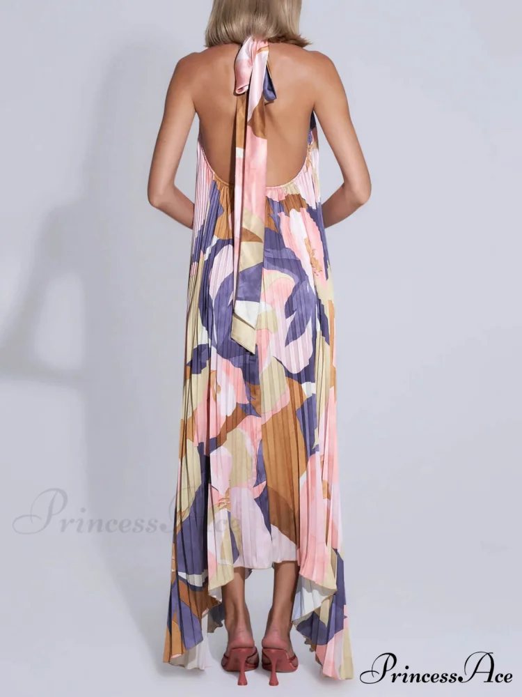 Stylish Pleated Halterneck Charming Strappy Backless Midi Dress - Image 7