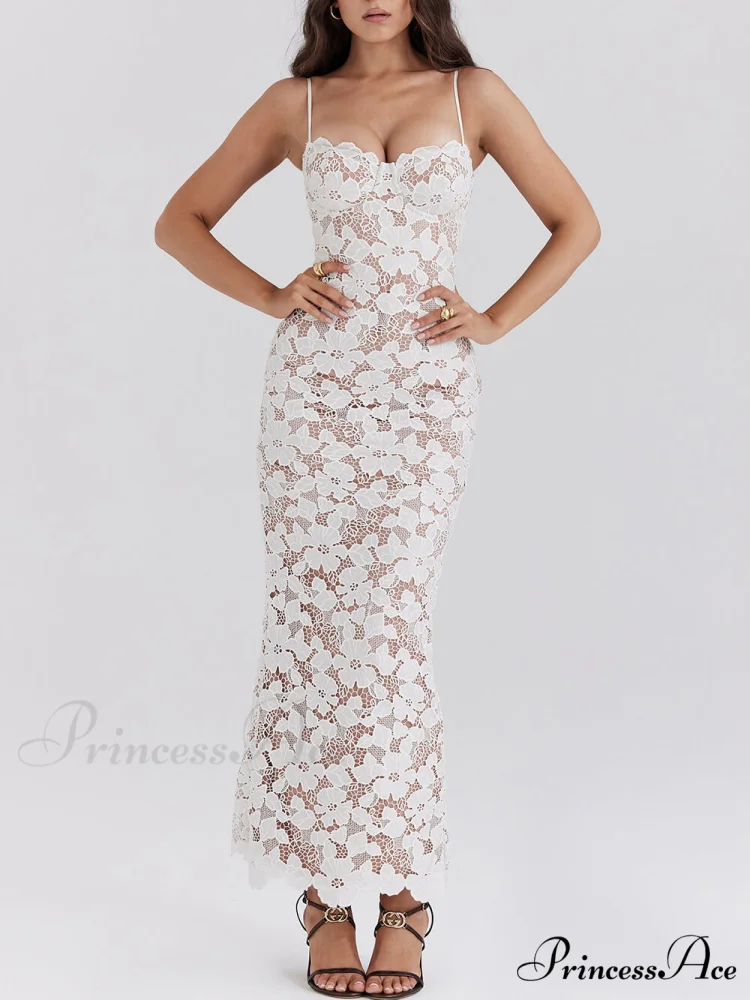 Stylish Sexy Lace Charming Halter See-Through Midi Dress - Image 2