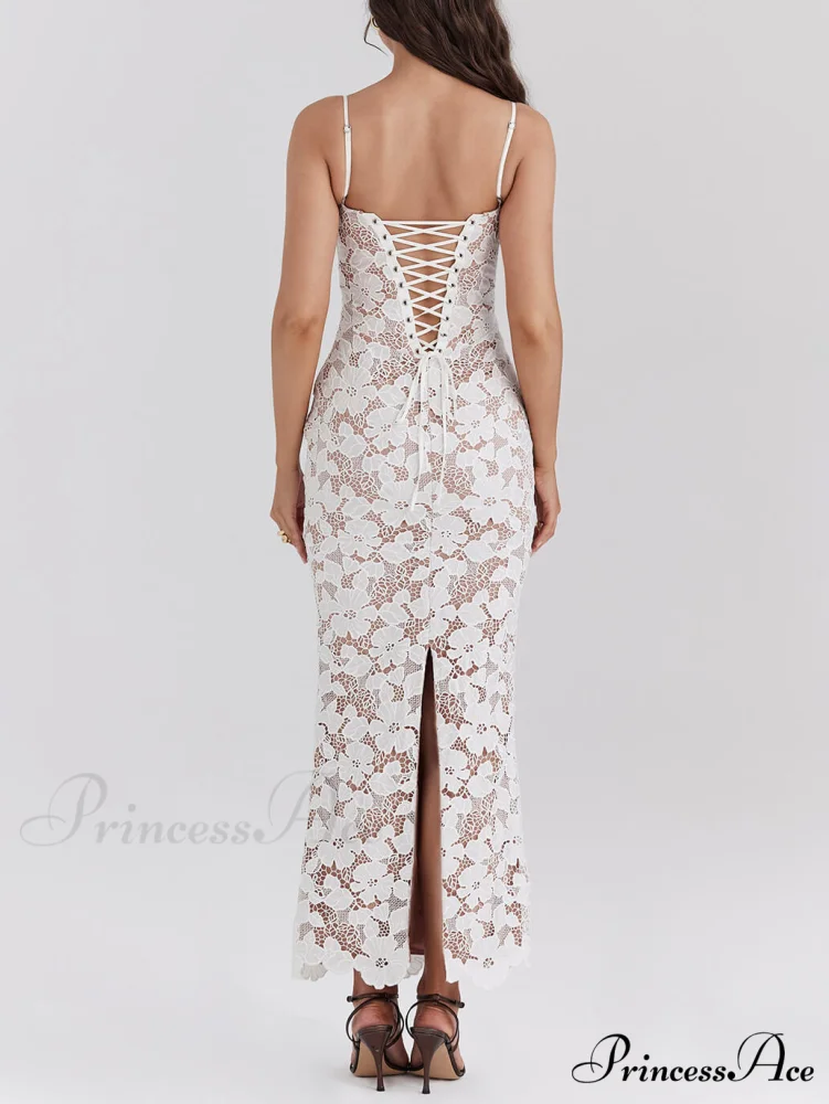 Stylish Sexy Lace Charming Halter See-Through Midi Dress - Image 3