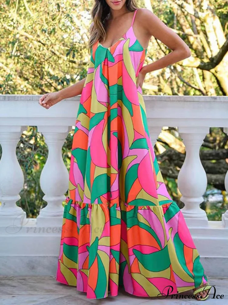 Summer French Deep V-Neck Graceful Backless Halter Printed Dresses - Image 3