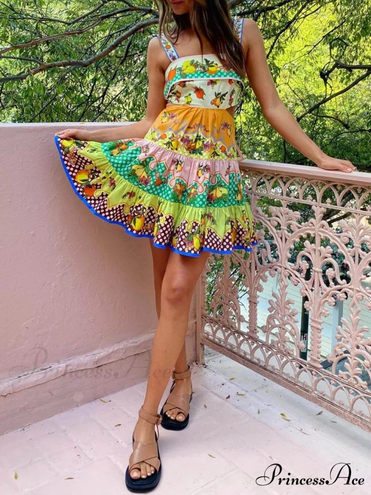Summer MulticolorLemon Preated Charming Hem Mini Dress - Image 2