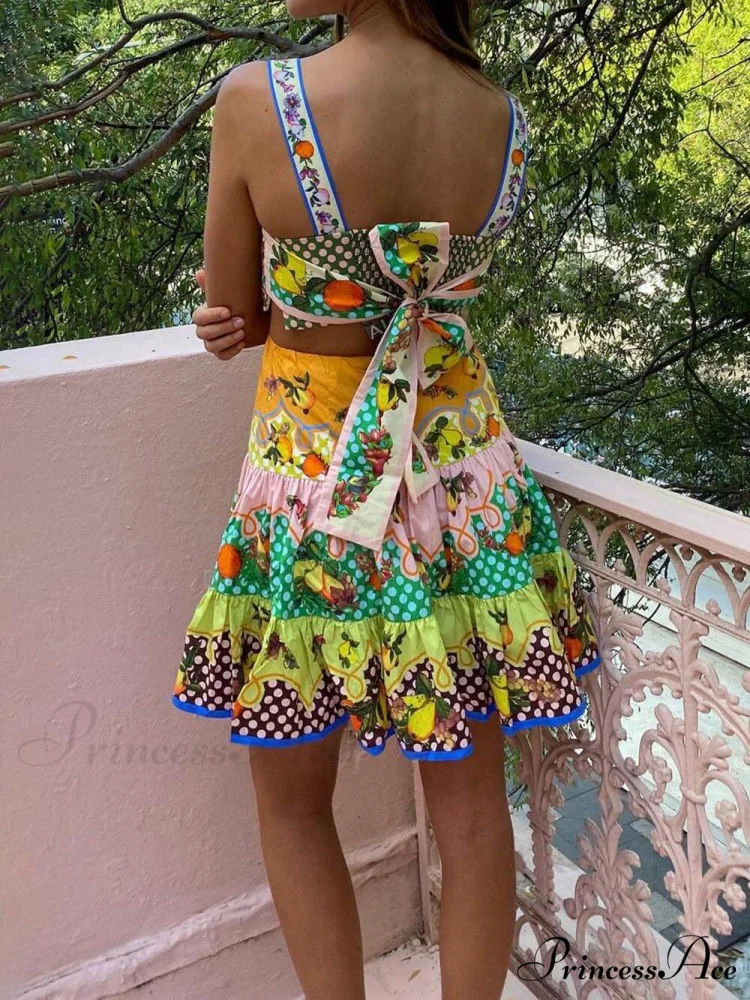 Summer MulticolorLemon Preated Charming Hem Mini Dress - Image 3