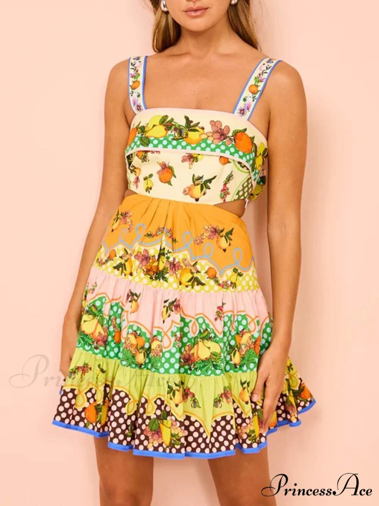 Summer MulticolorLemon Preated Charming Hem Mini Dress - Image 5