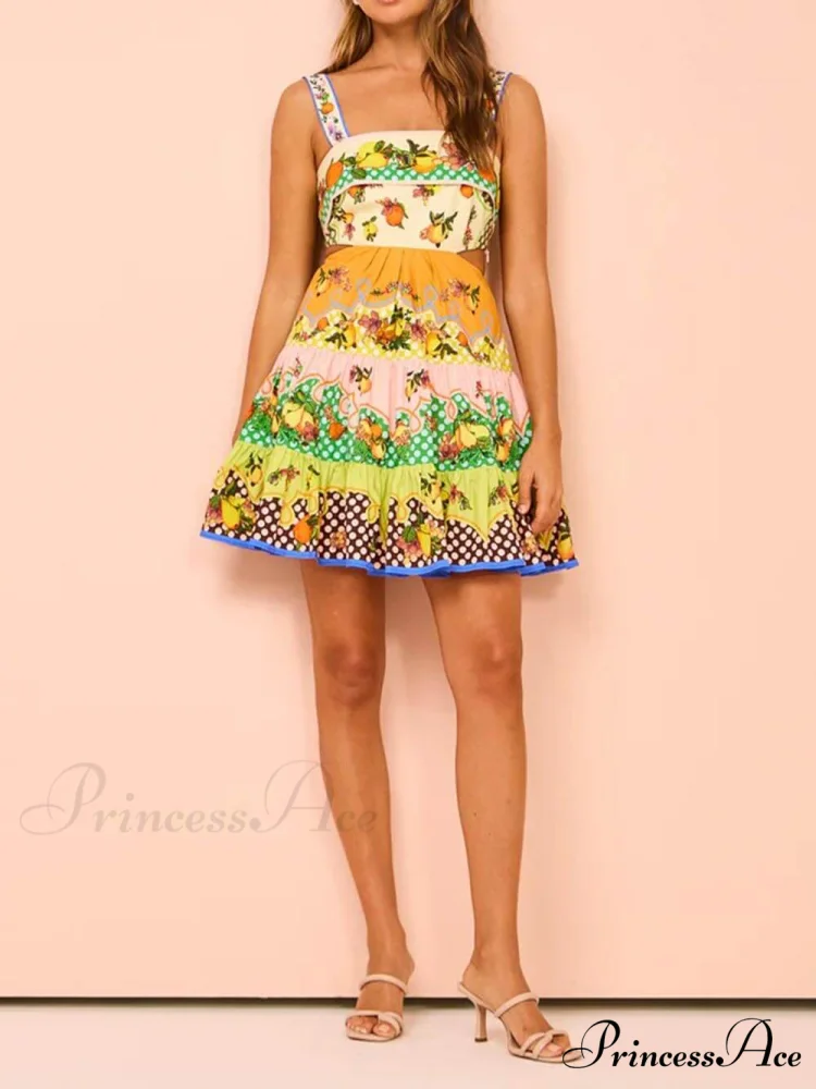 Summer MulticolorLemon Preated Charming Hem Mini Dress - Image 6