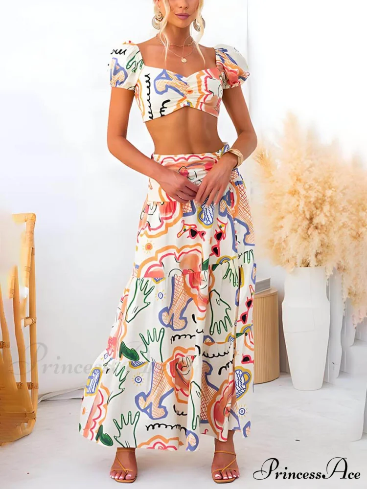Summer Printed Top And Graceful Wrap Skirt Two-Piece Suit - Image 2