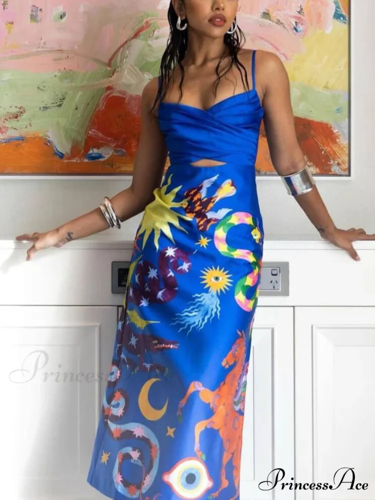 Summer Sexy Satin Backless Graceful Printed Sleeveless Midi Dress - Image 2