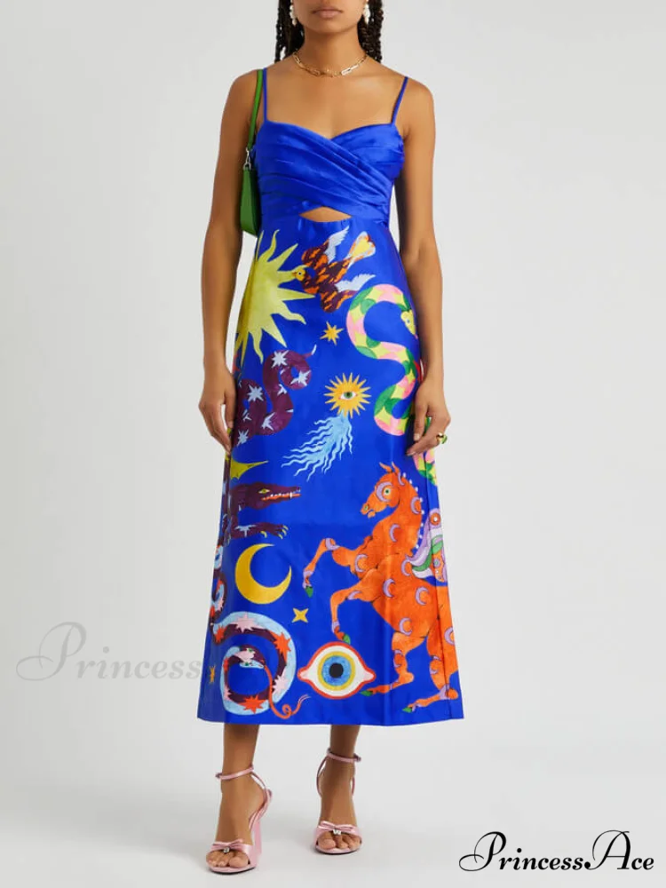 Summer Sexy Satin Backless Graceful Printed Sleeveless Midi Dress - Image 3
