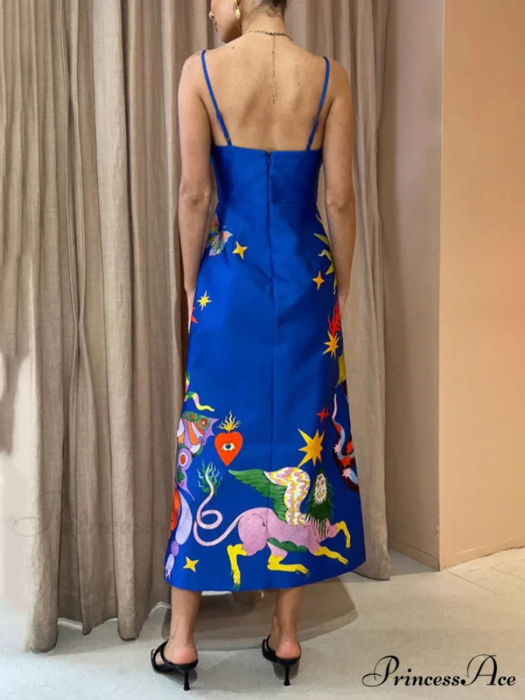Summer Sexy Satin Backless Graceful Printed Sleeveless Midi Dress - Image 4