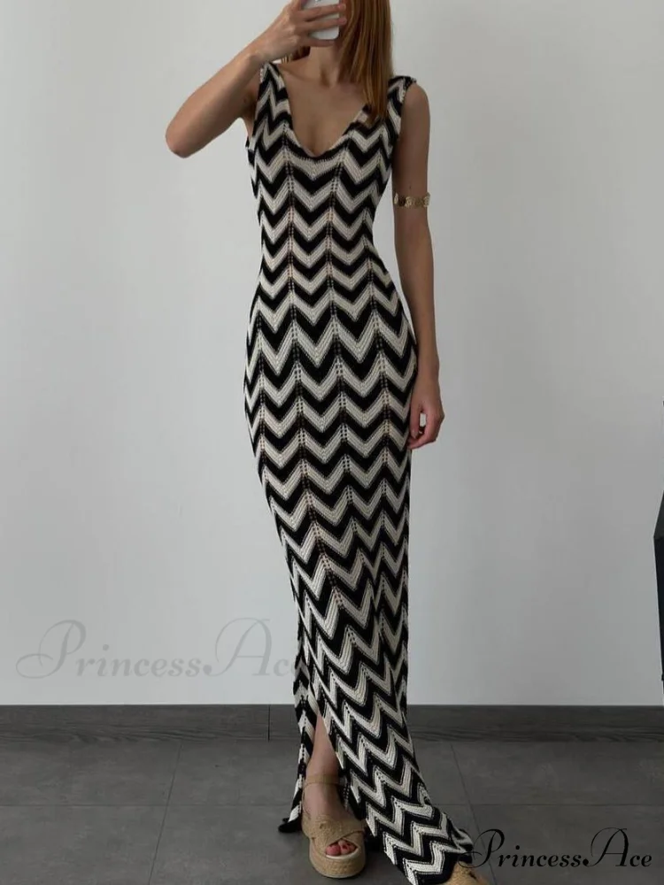 Summer V-Neck Striped Crochet Graceful Slit Sexy Maxi Dress - Image 2