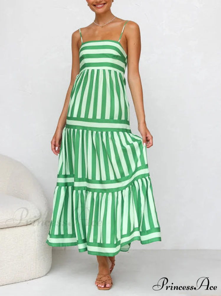 Suspender Open Back Striped Graceful Positioning Print Pocket Midi Dress - Image 2