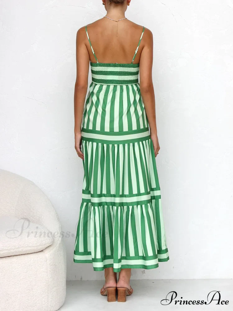 Suspender Open Back Striped Graceful Positioning Print Pocket Midi Dress - Image 3