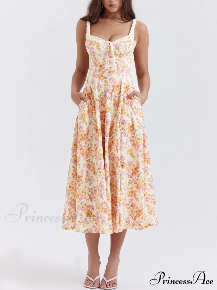 Suspender Patchwork Printed Charming Lace-Up Midi Dress - Image 4