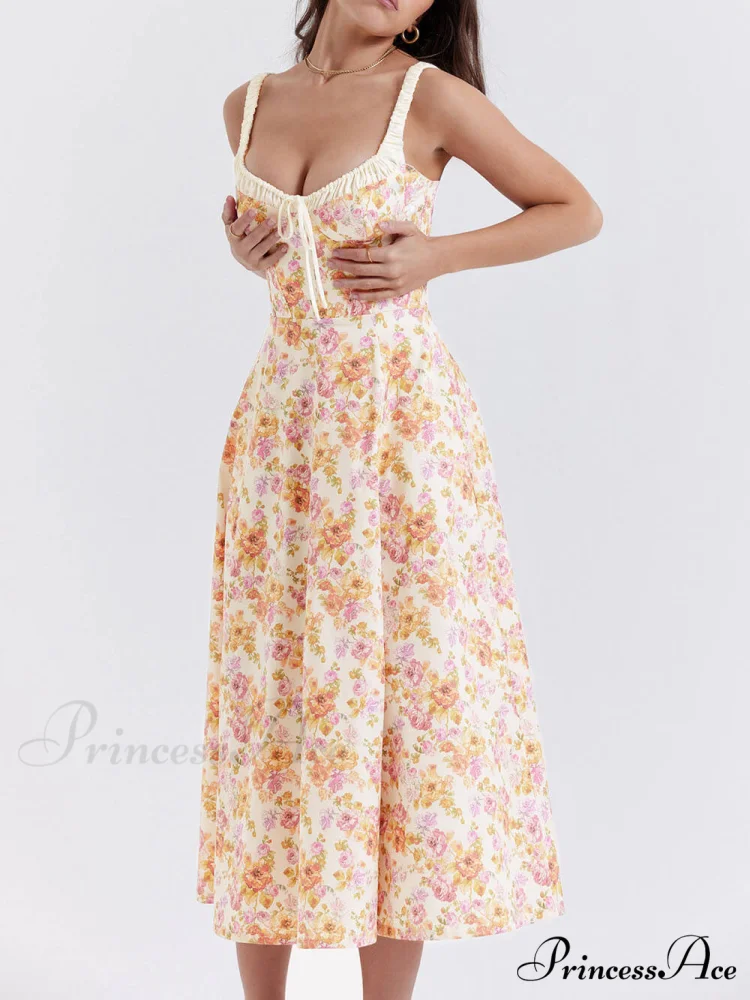 Suspender Patchwork Printed Charming Lace-Up Midi Dress - Image 5
