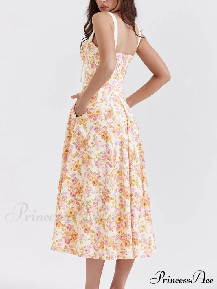 Suspender Patchwork Printed Charming Lace-Up Midi Dress - Image 7