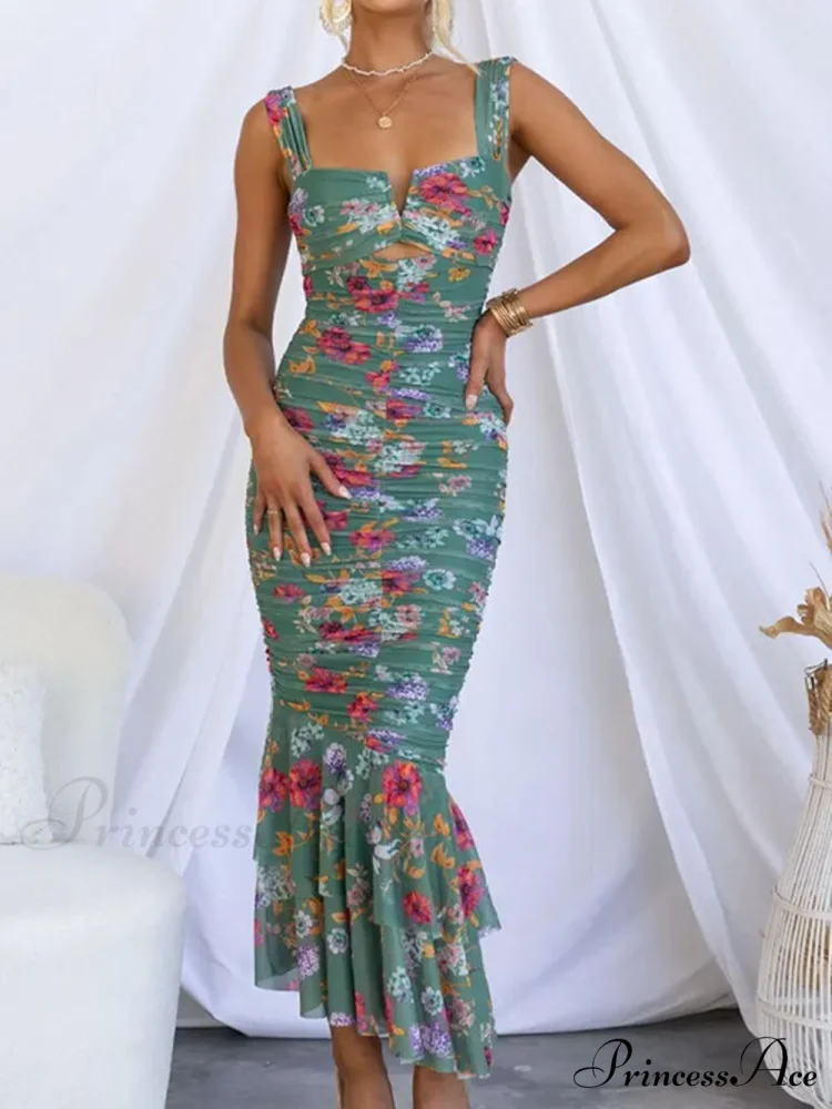 Sweetheart Neck Strap Printed Graceful Pleated Mesh Maxi Dress - Image 3
