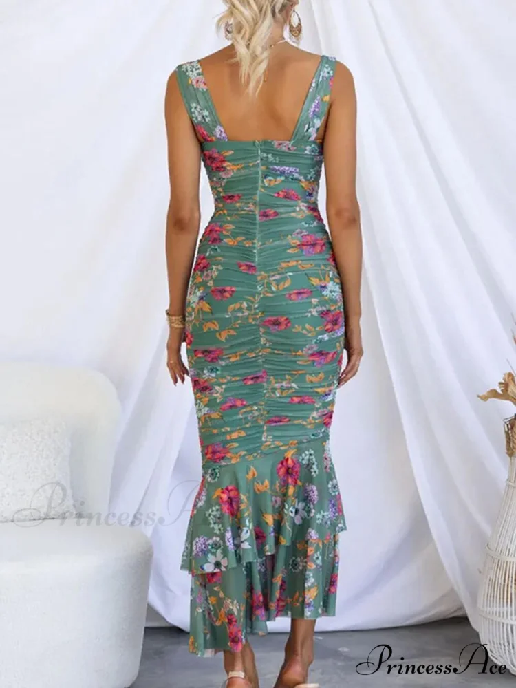 Sweetheart Neck Strap Printed Graceful Pleated Mesh Maxi Dress - Image 4